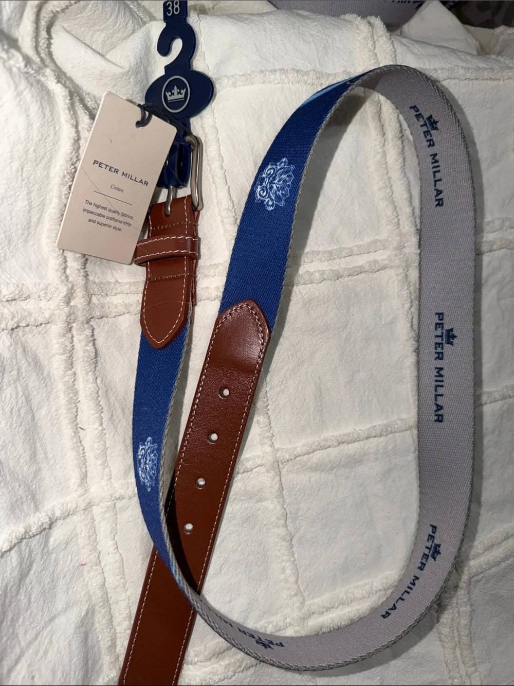 Peter Millar Blue Canvas and Brown Leather Trim Belt